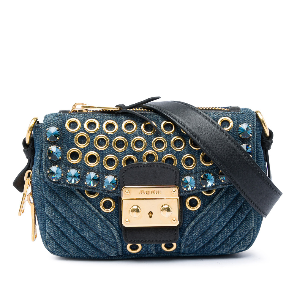 Pre-Loved Miu Miu Denim Grommet and Crystal Embellished Biker Crossbody